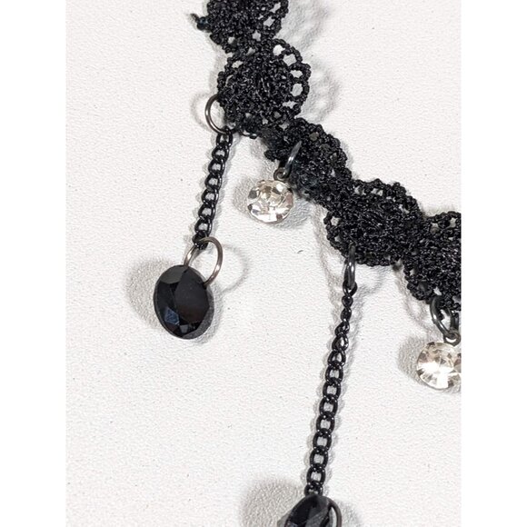 Silver Tone Black Crochet Crystal Charm Choker Necklace 16 in Gothic Retro - Picture 5 of 8
